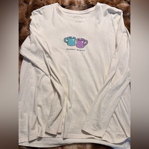 Life Is Good Cream Long Sleeve with Teal and Purple Mug Design